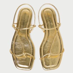 Loeffler Randall Eleanor Gold Lamb Leather Square Toe Flat Strappy Sandal EUC 8